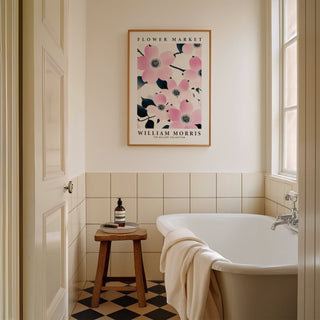 Prints for Bathroom featuring pink dogwood flowers in a wooden frame above a bathtub with towel