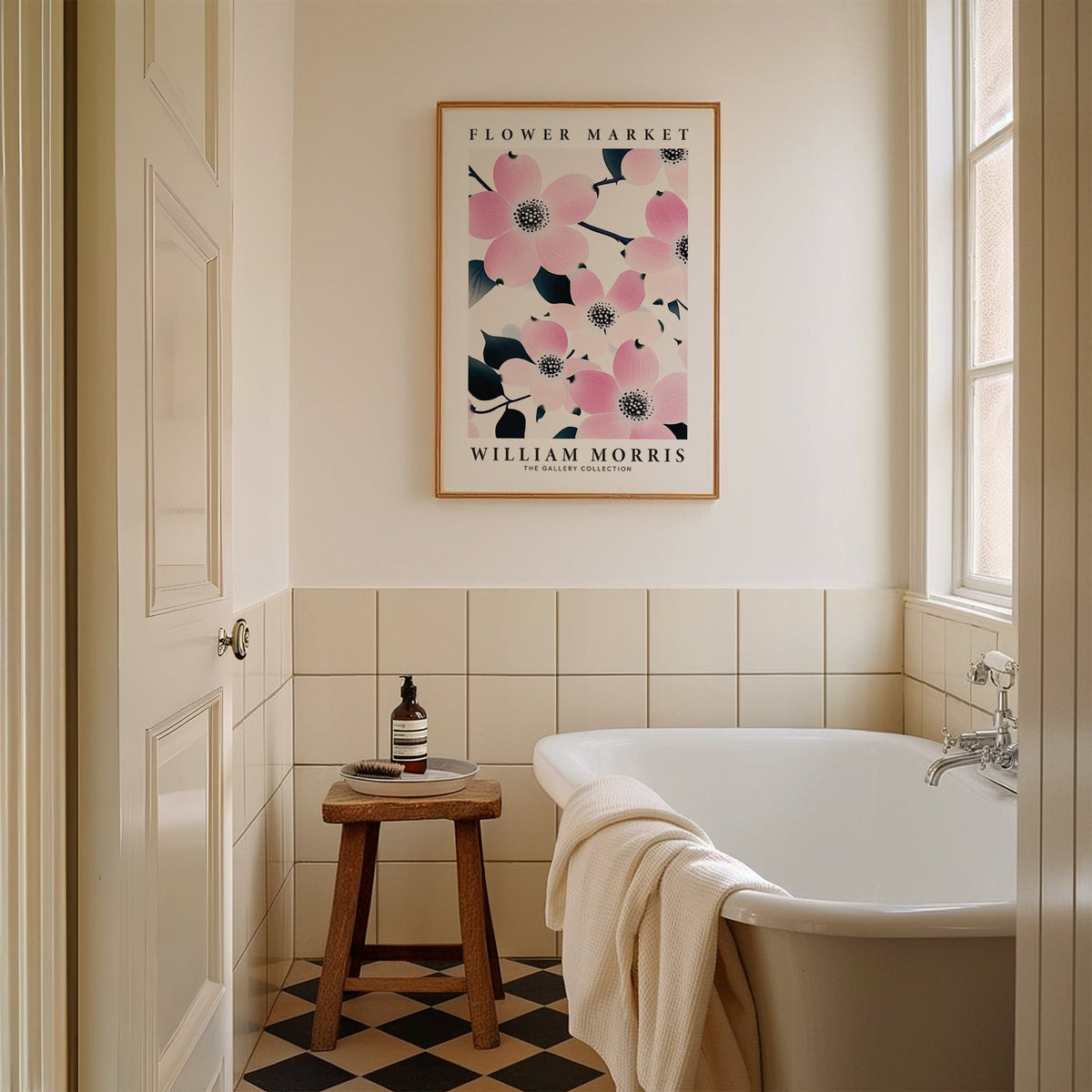 Prints for Bathroom featuring pink dogwood flowers in a wooden frame above a bathtub with towel