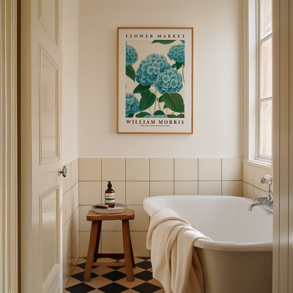 Flower Market Prints framed print of blue hydrangea flowers in a minimalist style above a wooden stool in a bathroom