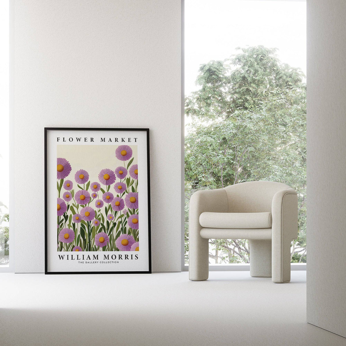 Purple floral wall art with purple daisies in black frame leaning against white wall by cream armchair in room