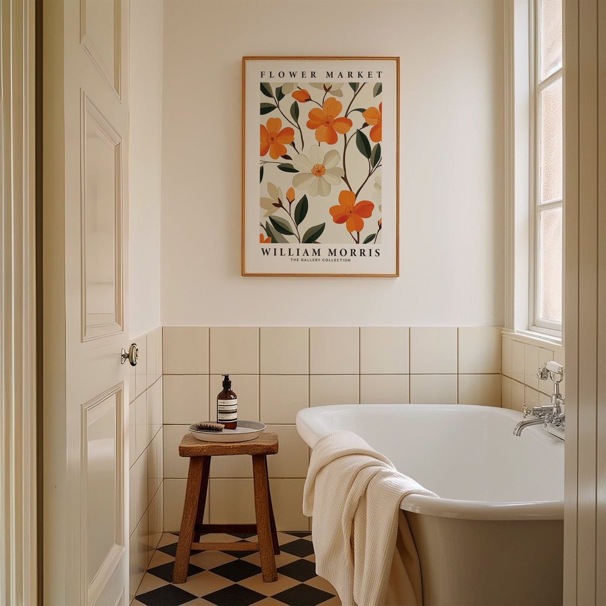 Vintage floral wall art with orange and cream blooms