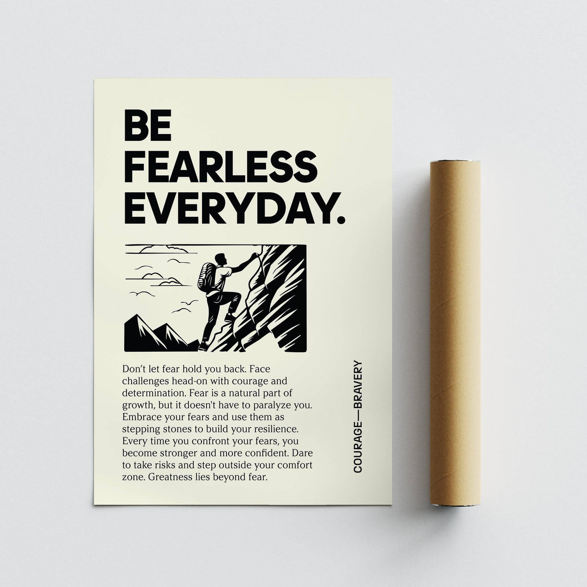 Positive Poster Art showing rock climber illustration with black text and a packaging tube next to it