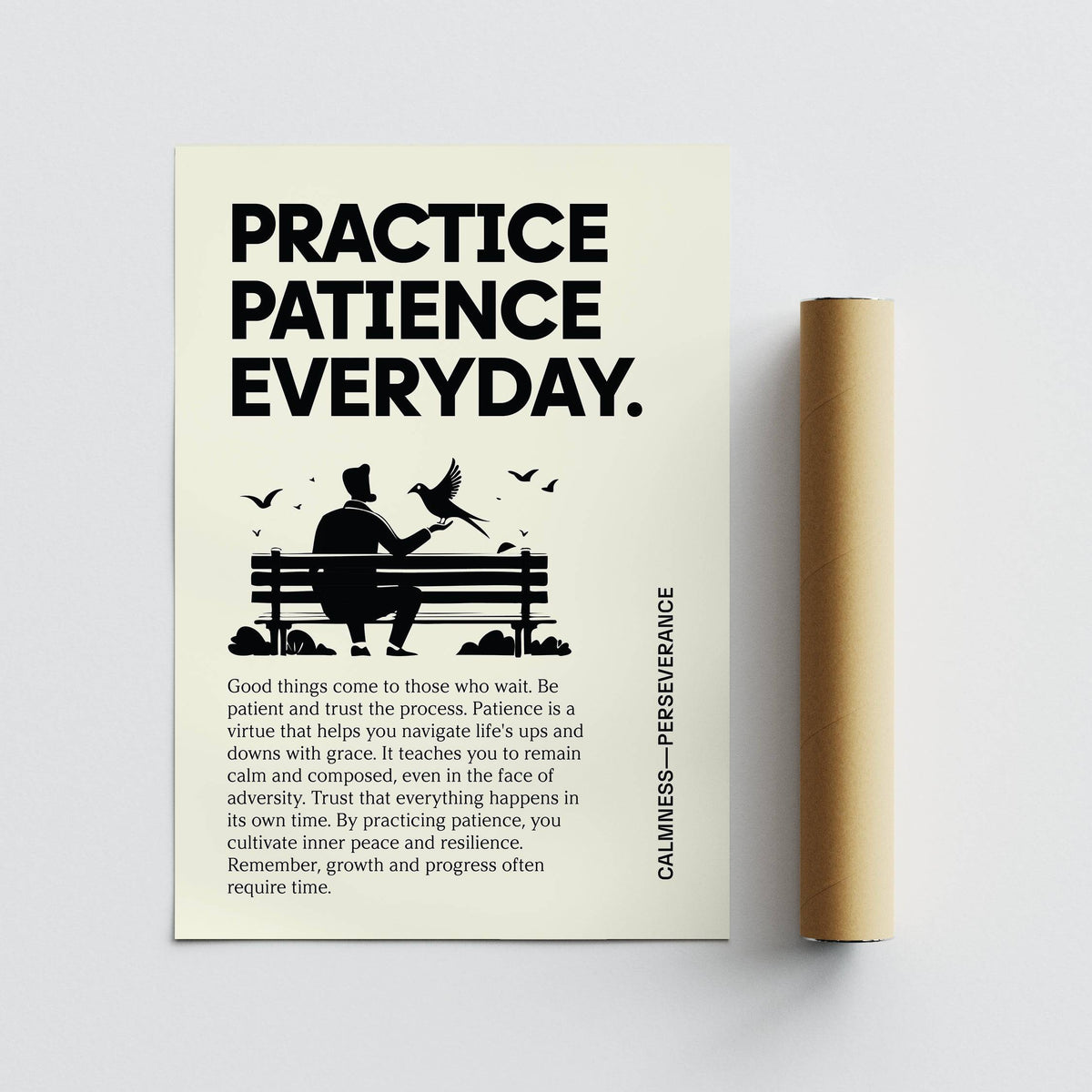 Flat artwork with a person feeding bird on bench print next to a packaging tube on grey background