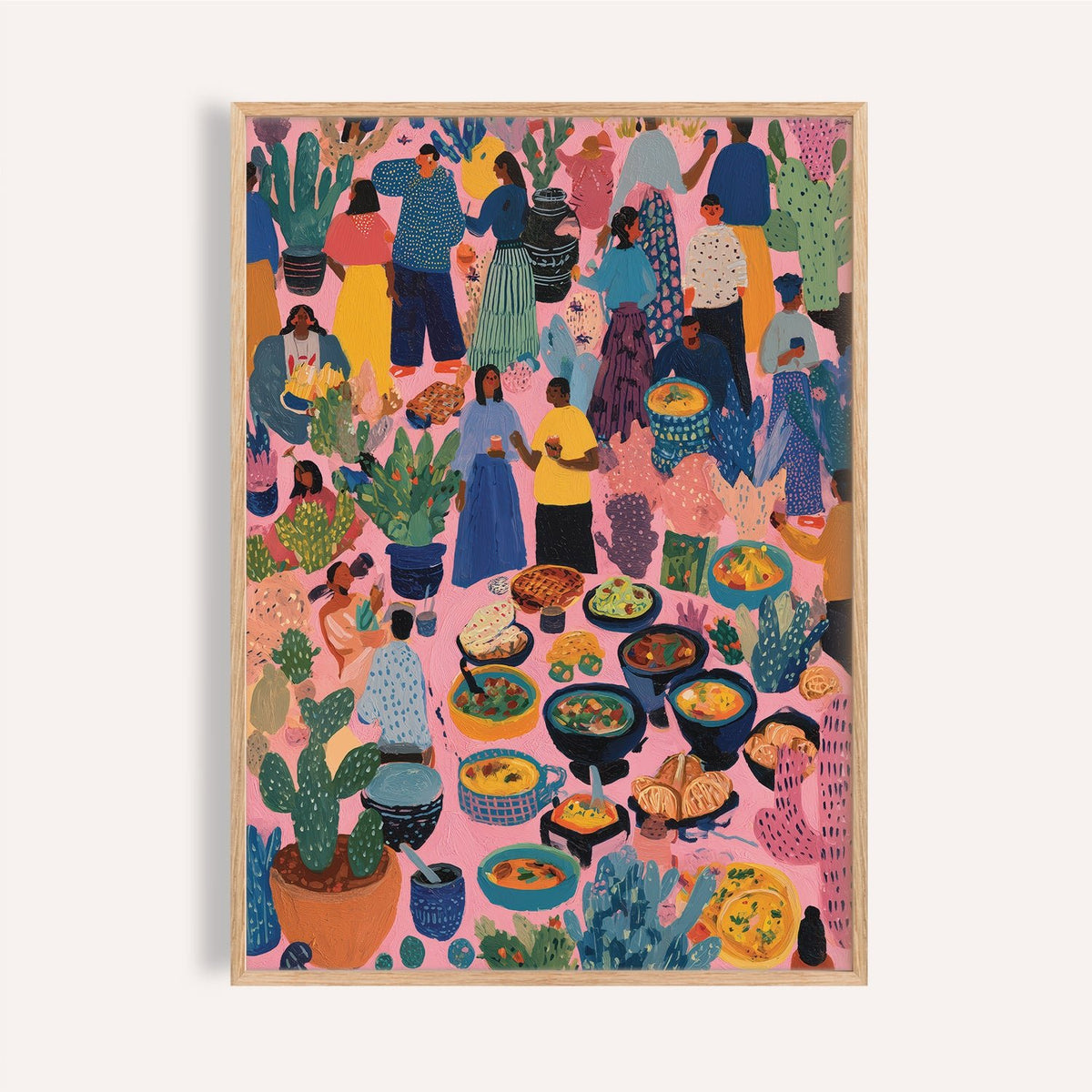 Artwork from Mexico framed print of a busy market day scene with colourful folk-art style