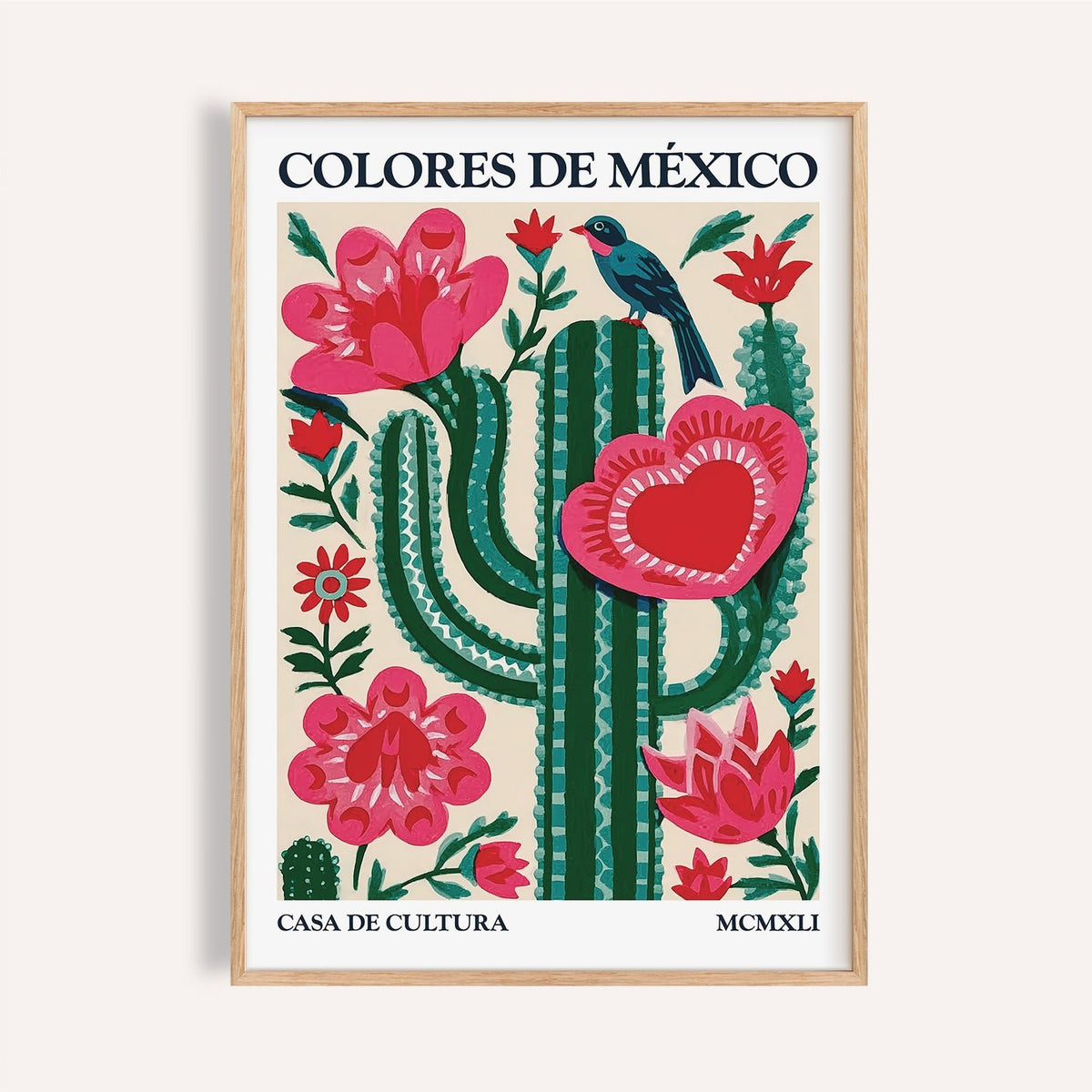 Mexican Folk Art Cactus print with red flowers and green cactus for wall decor