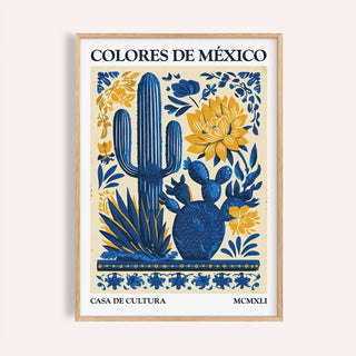 Framed Mexican Folk Art of blue agave and yellow floral details on cream background