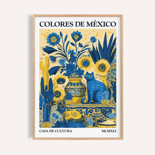 Framed Otomi wall art of a blue cat with sunflowers and botanical details in blue and yellow