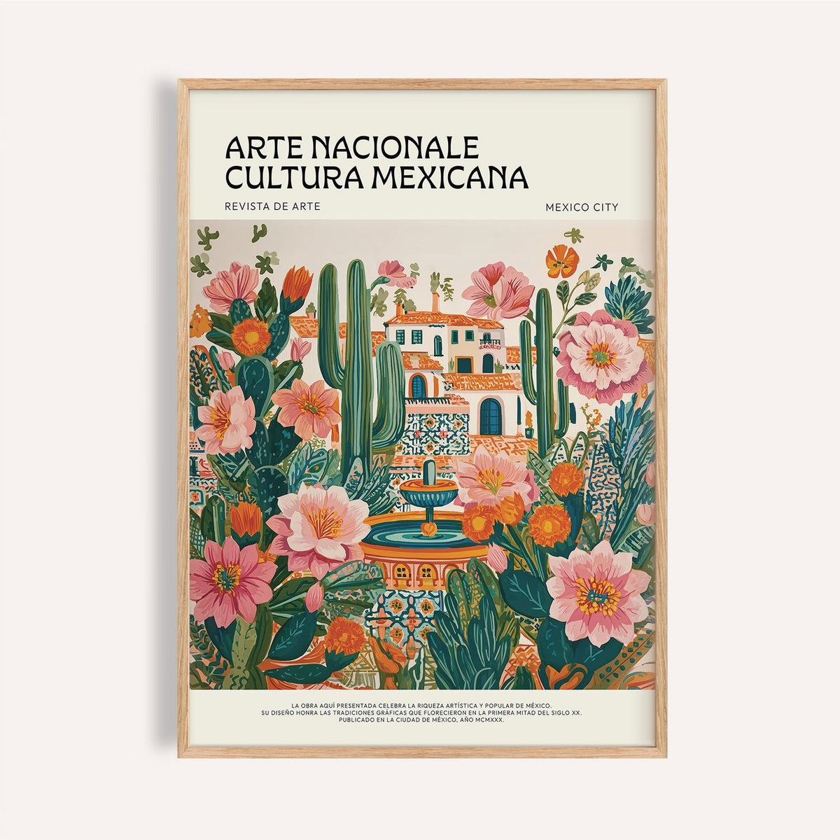 Folk Art Mexico framed print showing a Mexican house with cacti and pink flowers
