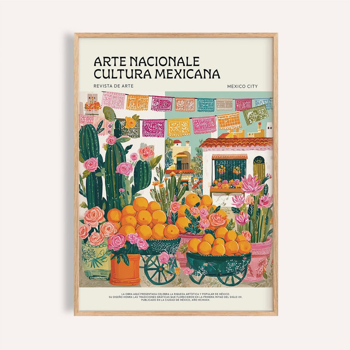 Framed Mexican Kitchen Decor print with cacti and oranges in a market scene
