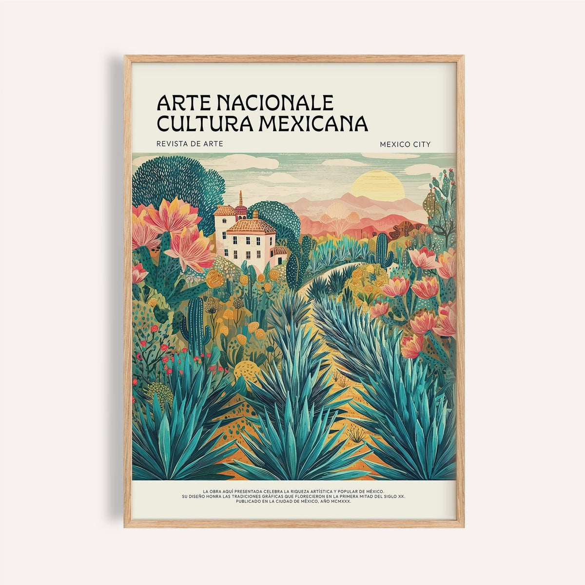 Mexican Landscape Art showing agave plants and a house in an illustration style with blue green and pink colours