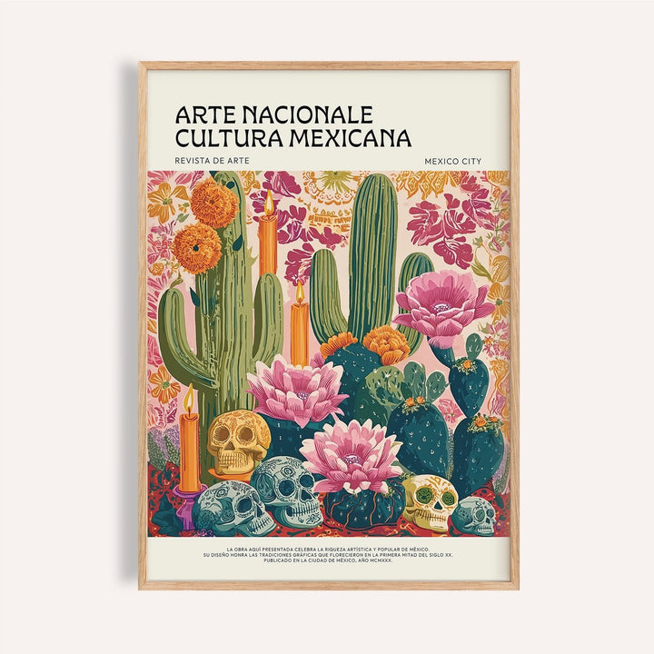 Day of the Dead wall art depicting Mexican altar with cactus and colourful marigolds in folk-art style