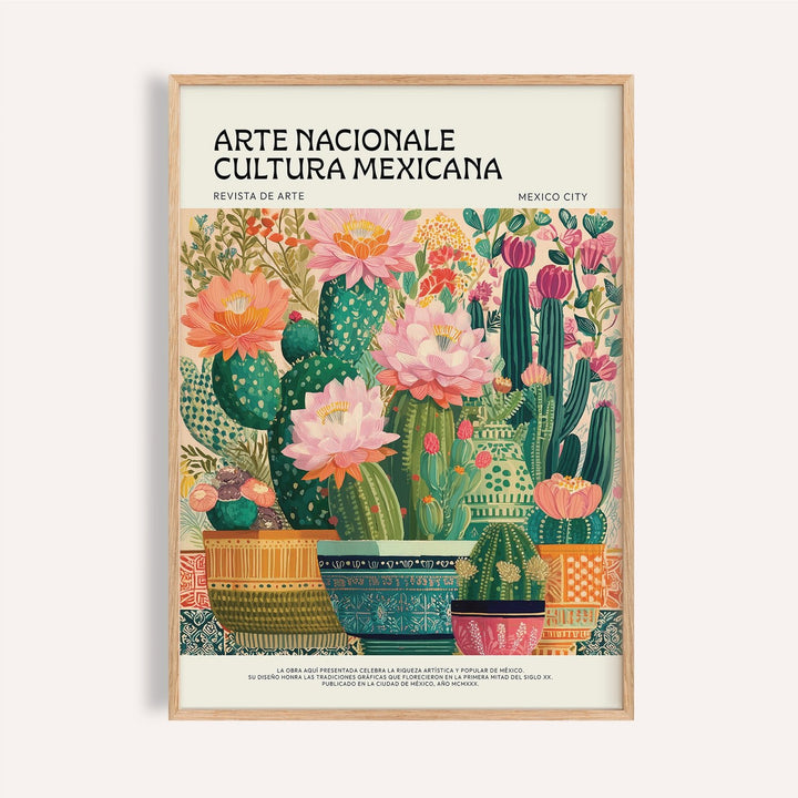 Mexican Room Decor framed print of flowering cacti in decorative pots with pink and orange blooms