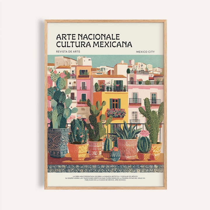 Framed Latin American wall art of potted cacti and succulents in colourful pots