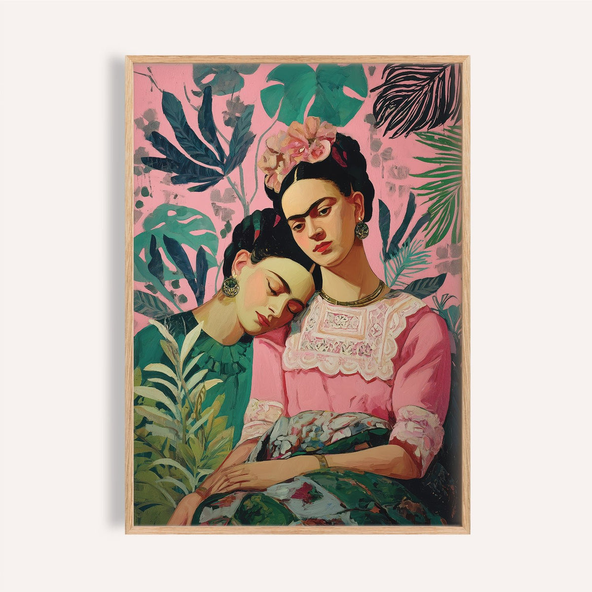 Framed print close-up of Wall Art Frida Kahlo with two women in pink and green surrounded by foliage
