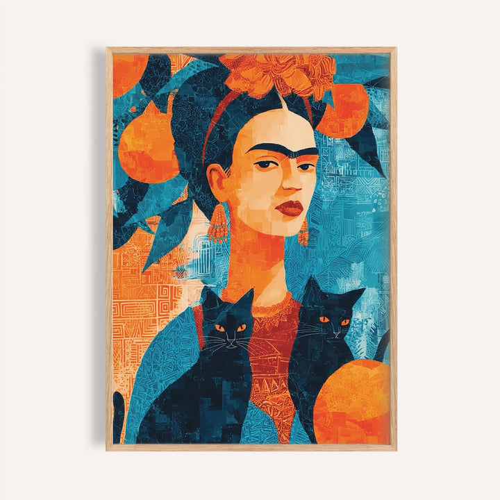 Frida Kahlo Cat Art Print with oranges and black cats for bold walls