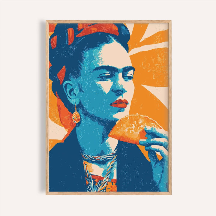Frida Eats Taco wall art of woman eating a taco in blue and orange tones