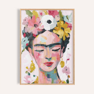 Close-up of paintings of Frida Kahlo showing a female face with pink and yellow flowers in watercolour style