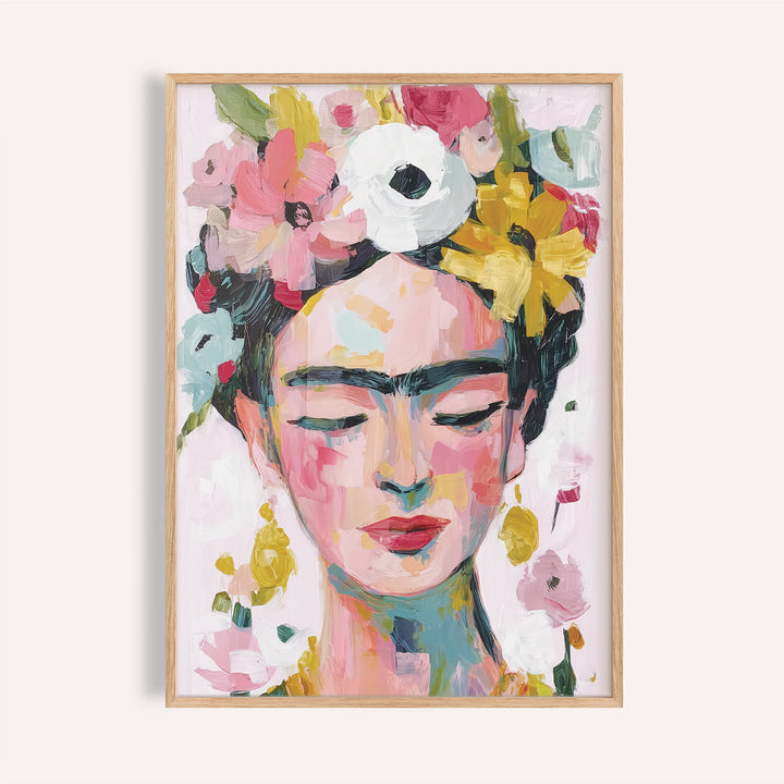 Close-up of paintings of Frida Kahlo showing a female face with pink and yellow flowers in watercolour style