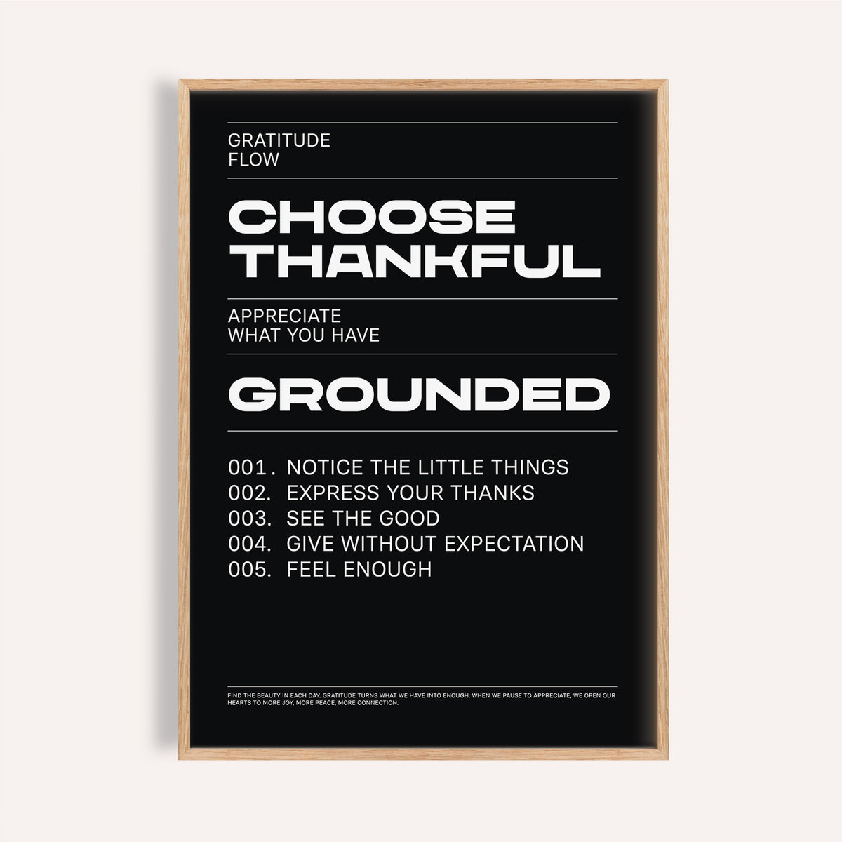 Thankful Posters framed print close-up motivational gratitude text in white on black