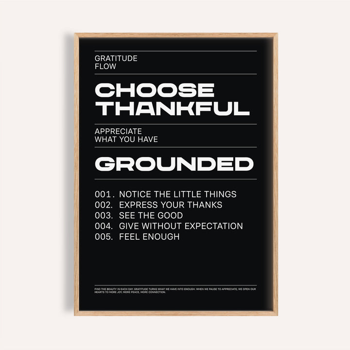 Thankful Posters framed print close-up motivational gratitude text in white on black