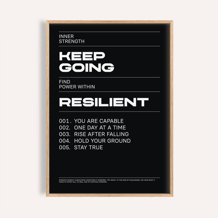 Work Hard wall art with Keep Going motivational text in white on black background in a wooden frame