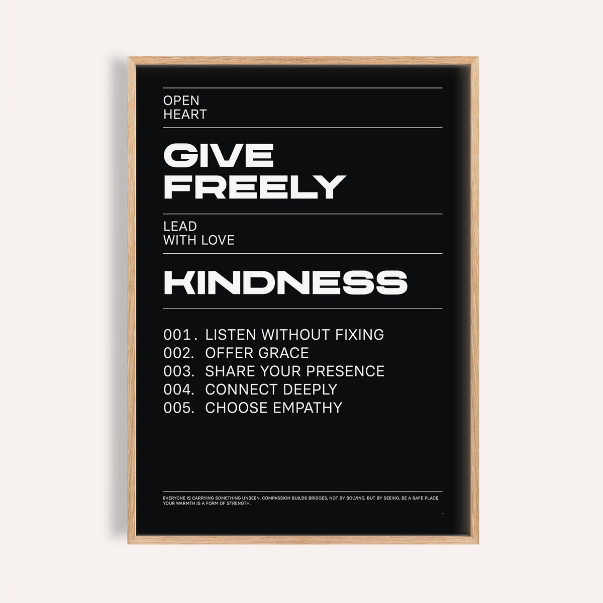 Art with Quote framed print with white text on black background in minimalist style