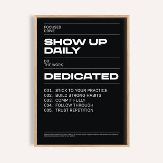Framed print of a motivational text poster with white bold and regular text on a black background