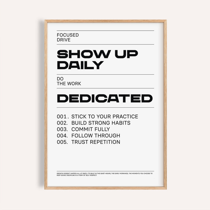 Daily Affirmations Print framed close-up with black text on white background and oak frame