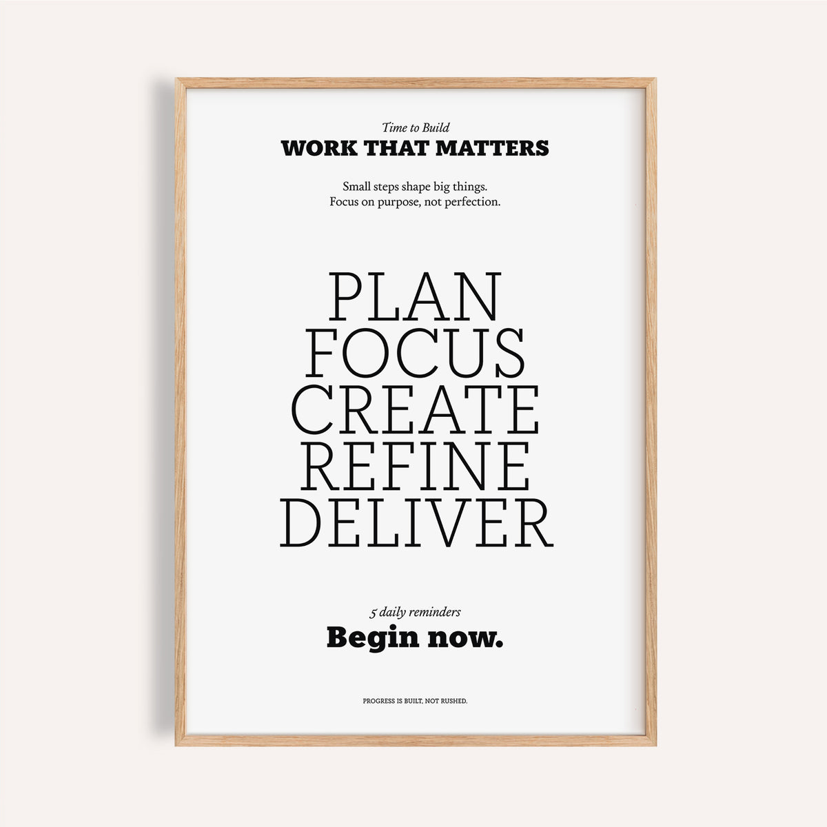 Framed motivational text poster with black typography on white background and wooden frame