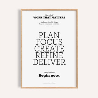 Framed motivational text poster with black typography on white background and wooden frame