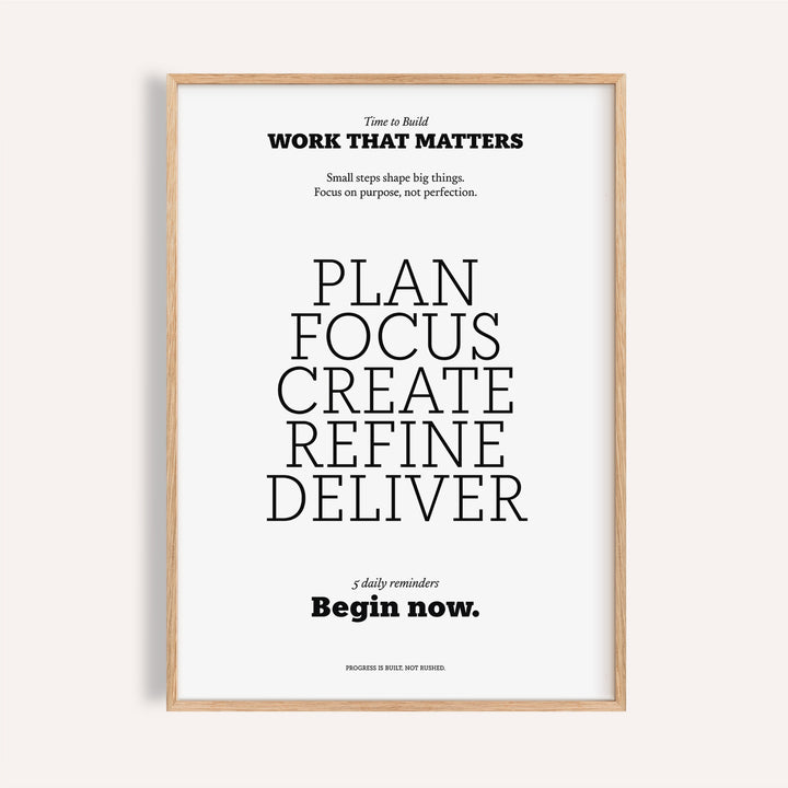 Framed motivational text poster with black typography on white background and wooden frame