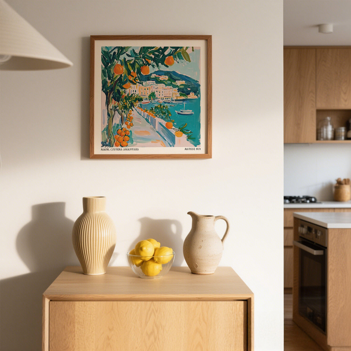 Art Prints of Italy framed print of an orange tree by a seaside path in blue and orange tones in a kitchen