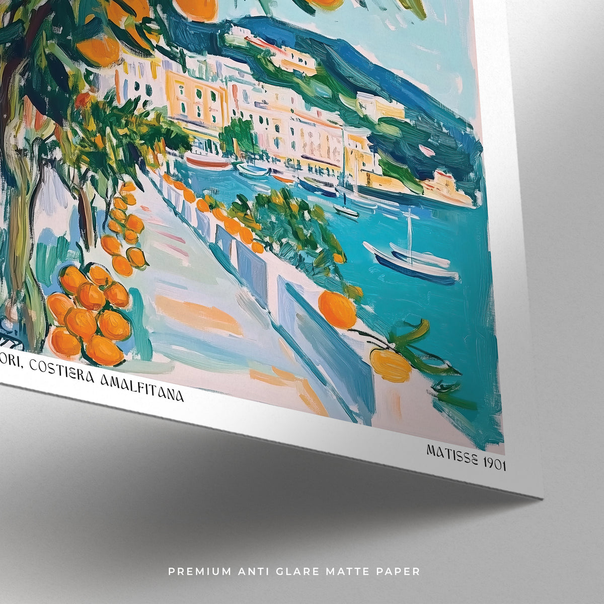 Close-up of Art Prints of Italy showing orange tree and seaside path in soft blue and orange tones