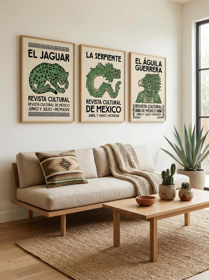 Cultural Art Print Set trio of green mythical creatures above a beige sofa with patterned cushion in living room