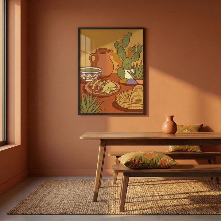 Mexican Food Print on a dining room wall with taco illustration and terracotta tones with a table below