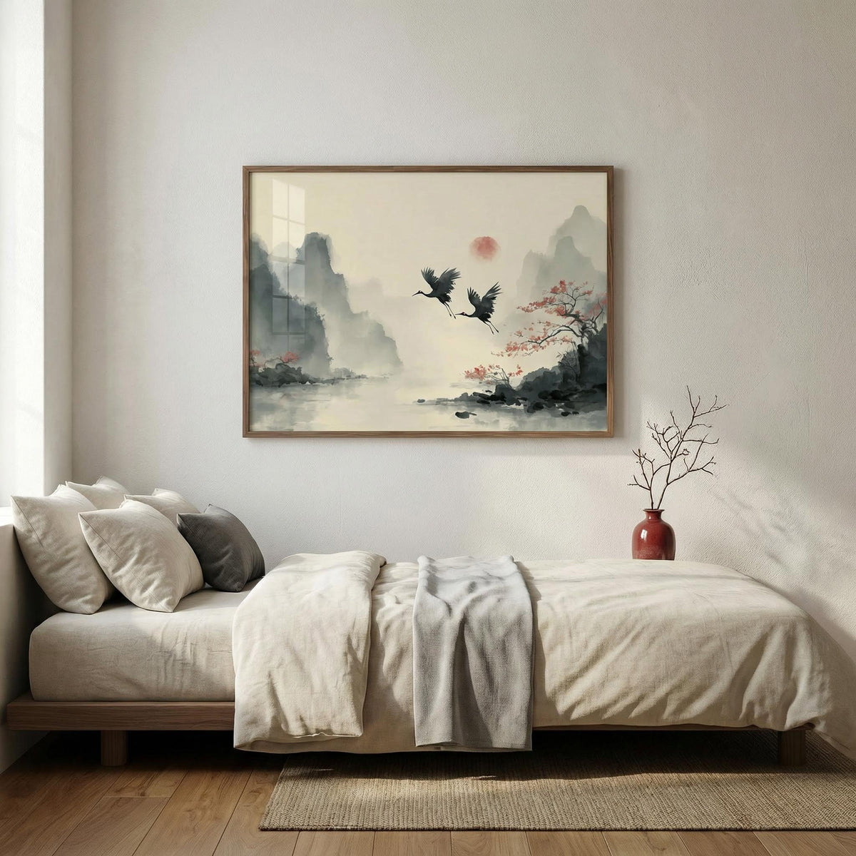 Traditional Ink wall art of flying cranes in Japanese ink style above a bed with cushions and a vase