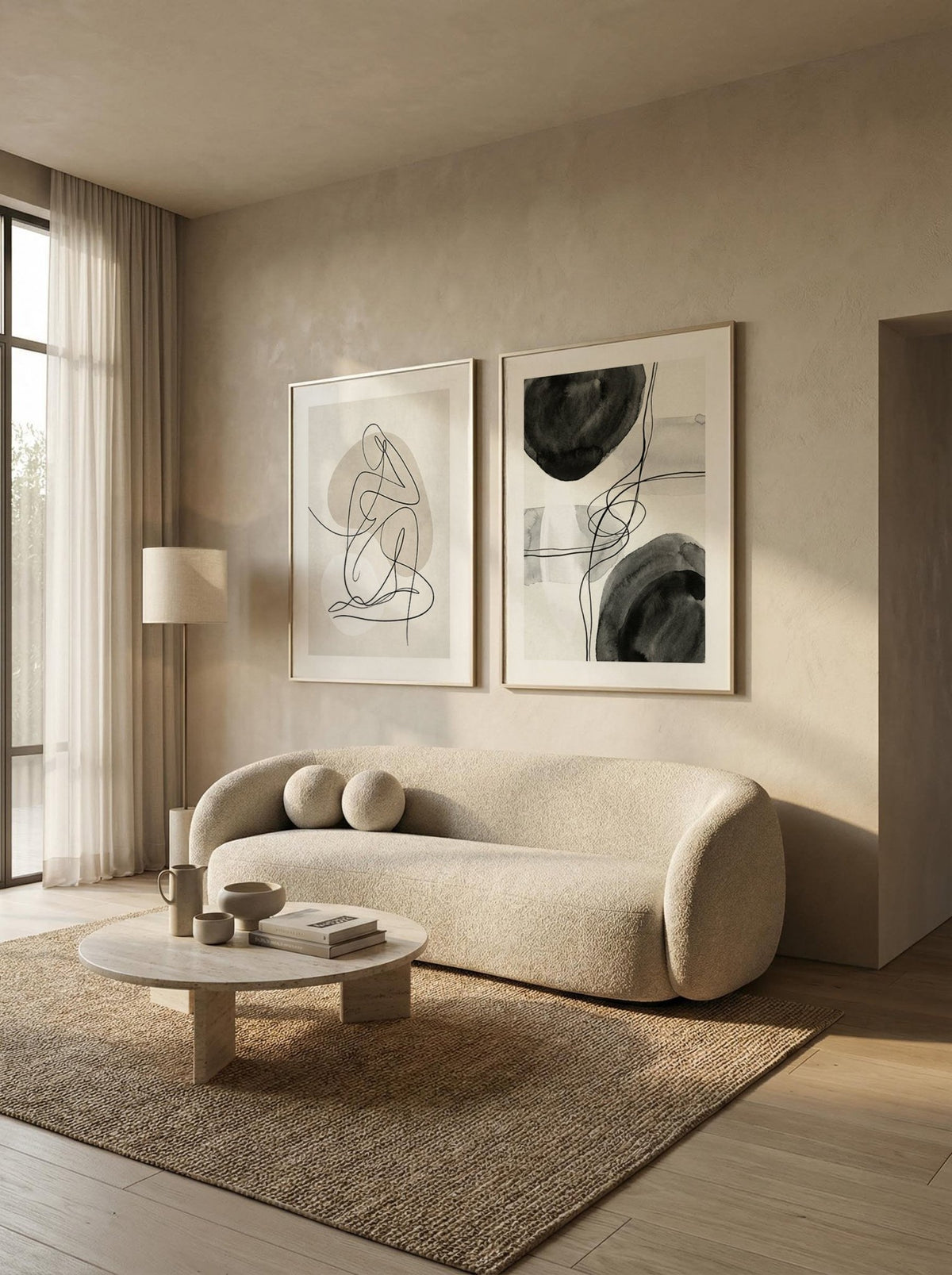 Minimalist Abstract Wall Art Set of 2 above a curved beige sofa with round cushions in a living room