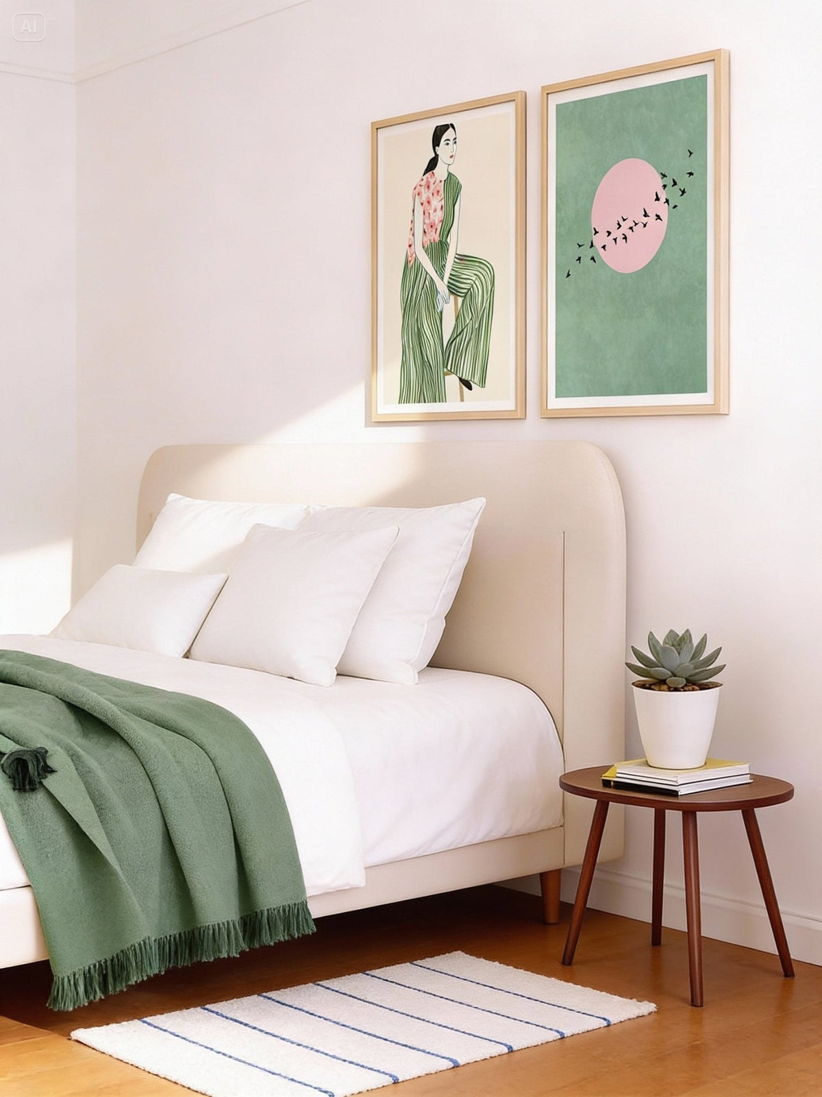 Print on a wall in a bedroom featuring minimalist wall art set of 2 with woman in striped dress and birds silhouette above a table