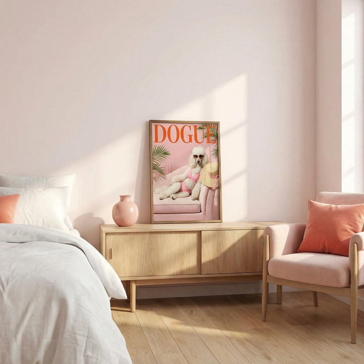Pink Poodle Print leaning on a light wood sideboard with a pink vase in a pale bedroom