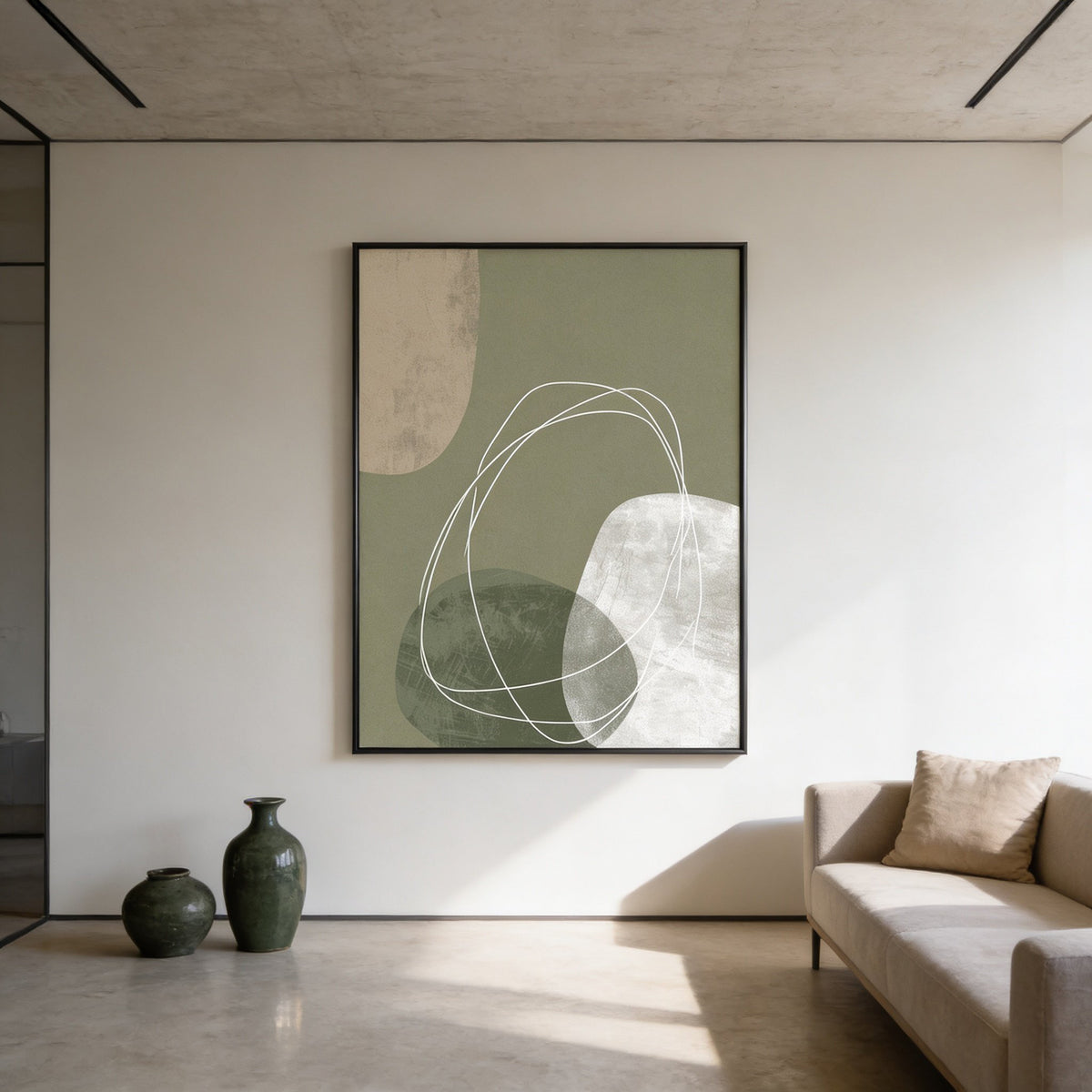 Modern Organic Print on wall with abstract shapes in green and beige above two green vases