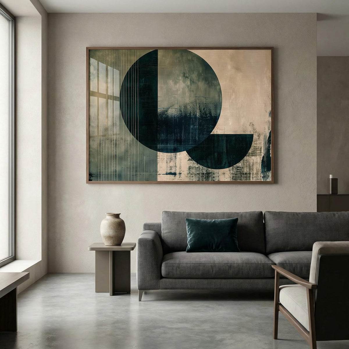 Contemporary Poster Art print with large circle shapes in dark green and beige above a grey sofa with a green cushion
