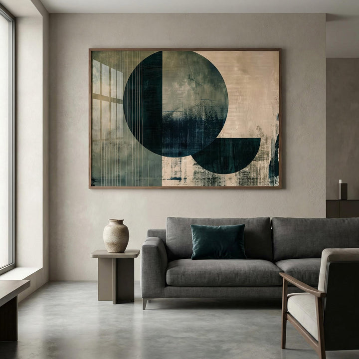 Contemporary Poster Art print with large circle shapes in dark green and beige above a grey sofa with a green cushion