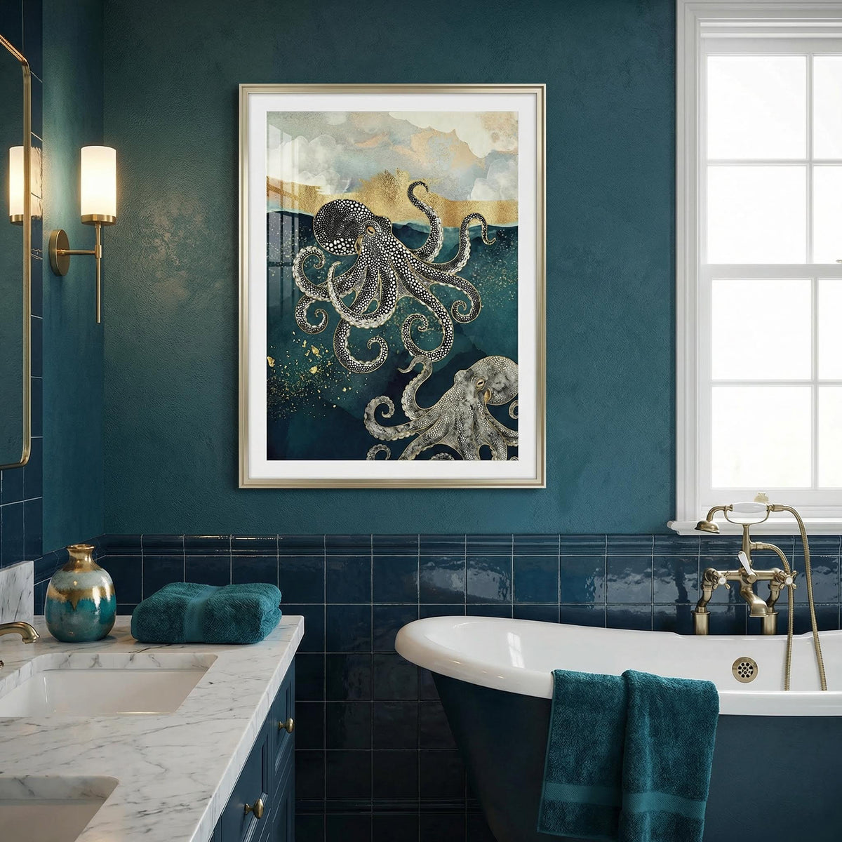 Modern Octopus wall art above a freestanding bathtub in a bathroom with dark blue tiles