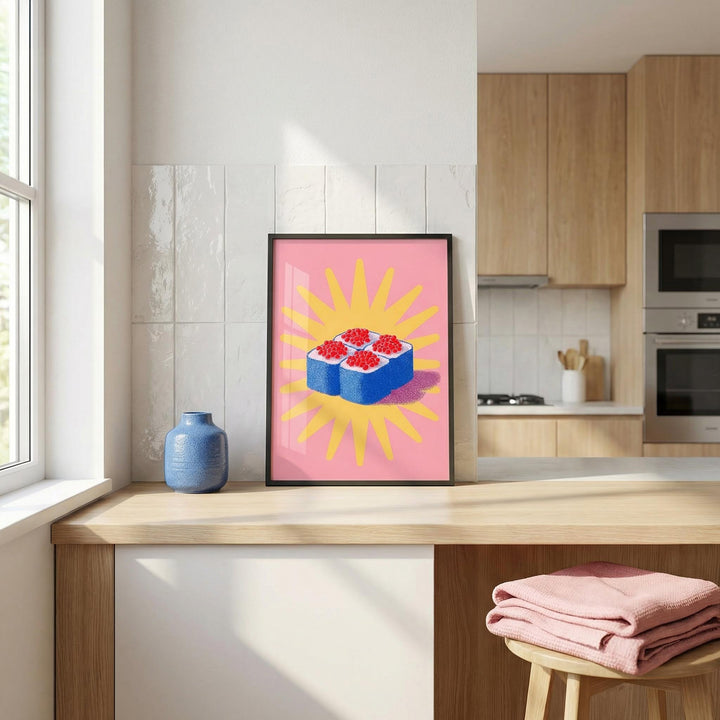 Sushi Poster print leaning on a wooden kitchen surface with a blue ceramic vase nearby