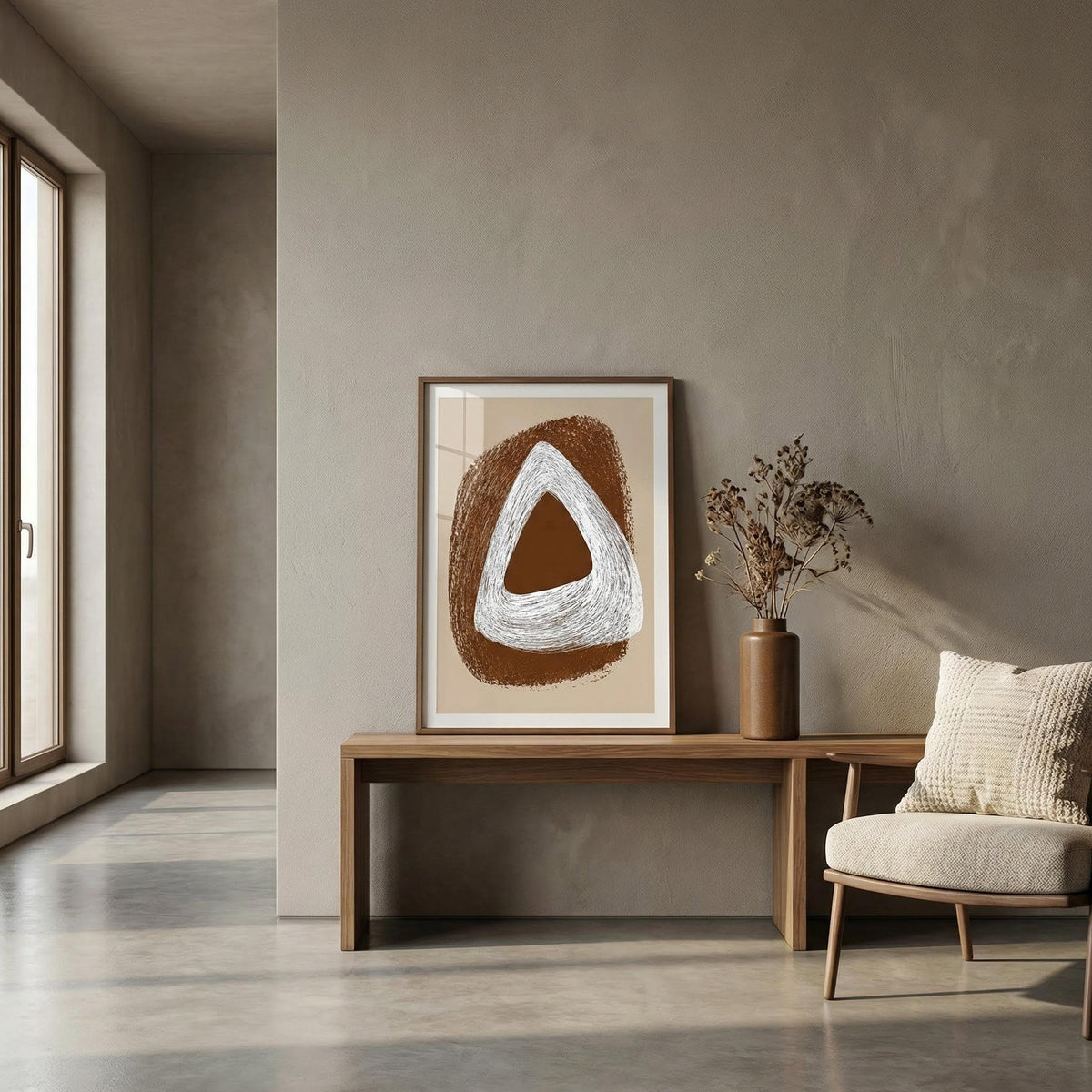 Print leaning on a wooden bench Boho Geometric Art Print with abstract brown and white triangles