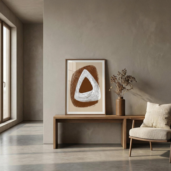 Print leaning on a wooden bench Boho Geometric Art Print with abstract brown and white triangles