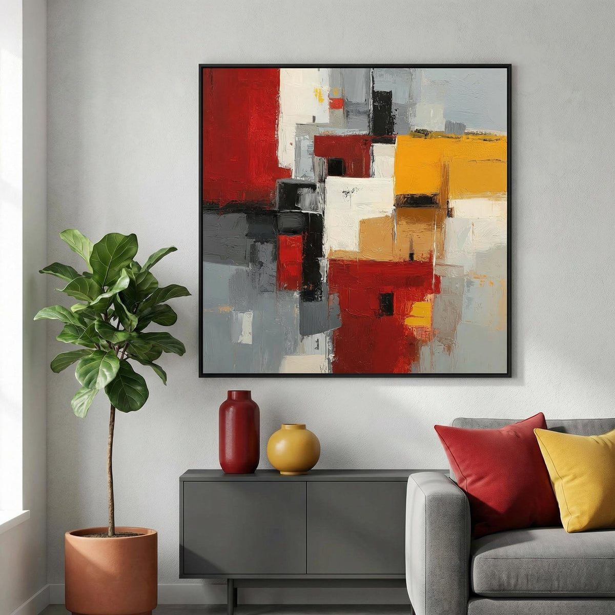 Colorful Abstract Poster Art framed print with red and yellow blocks above a grey sideboard with vases
