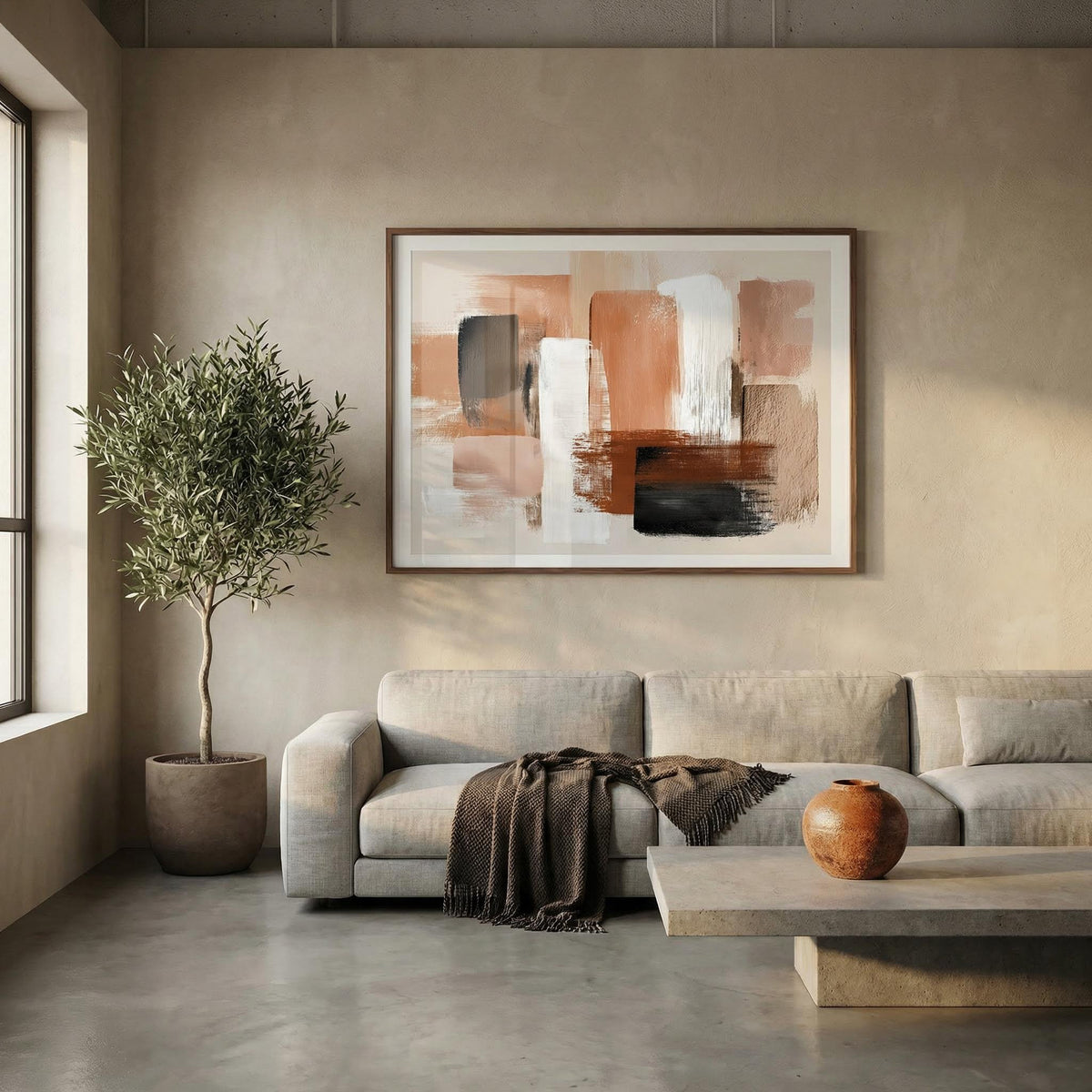 Modern living room with a gray sofa, abstract painting, and decorative items.