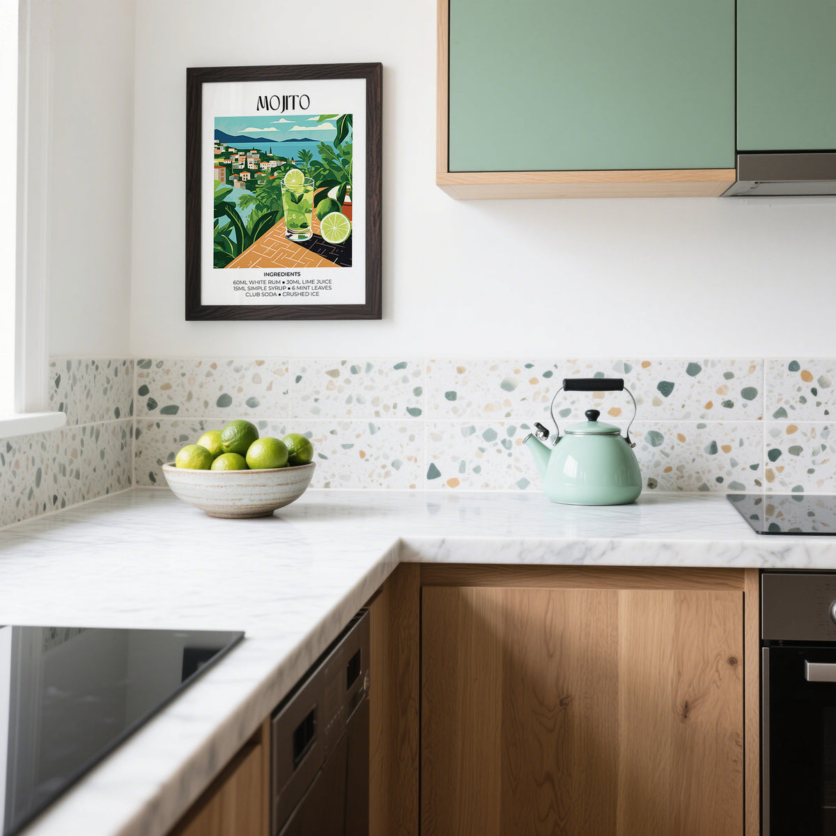 Cocktail print of a mojito cocktail glass with green and blue tones in a kitchen next to a teal kettle