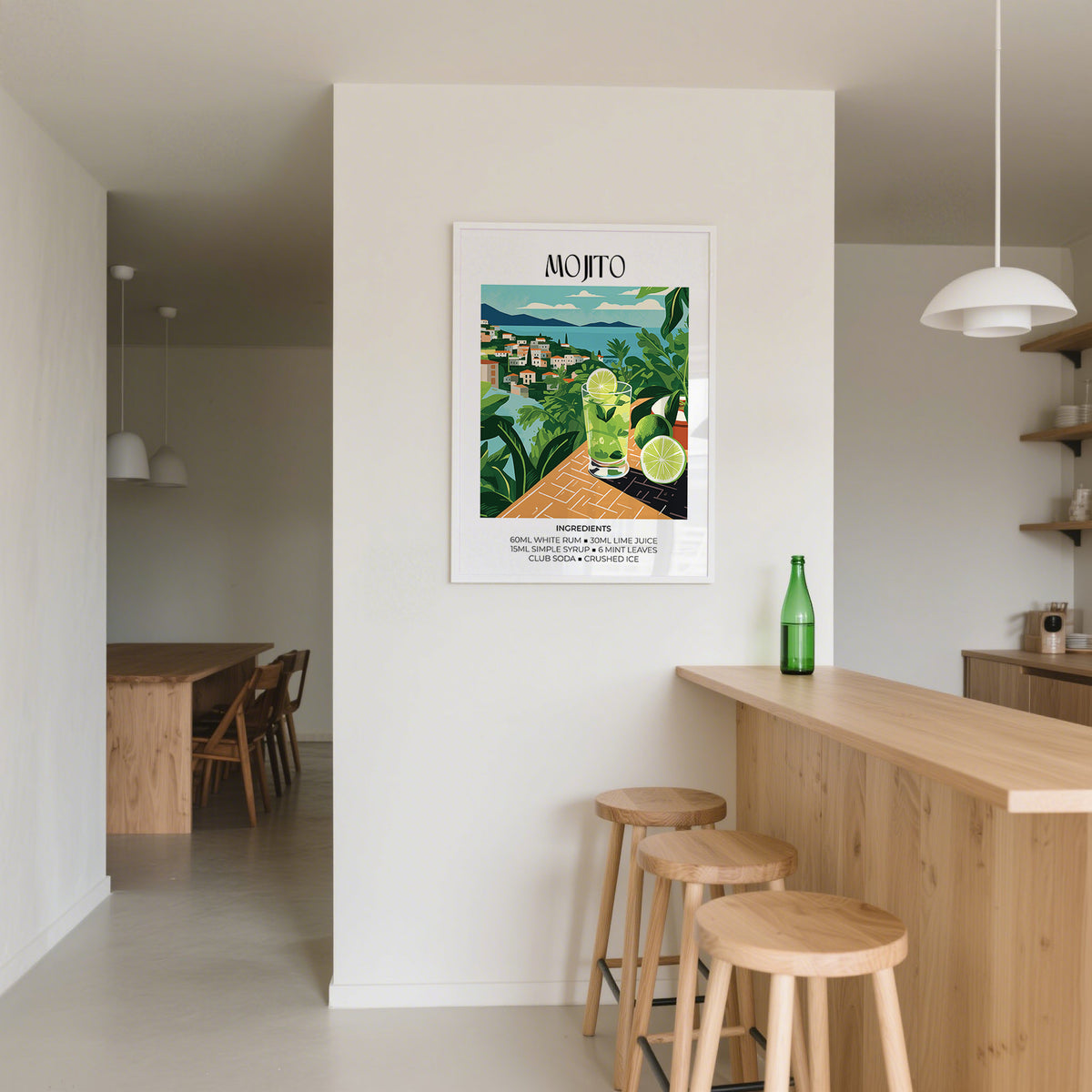 Cocktail print on a wall with a mojito glass and lime in green and blue hues in a modern kitchen